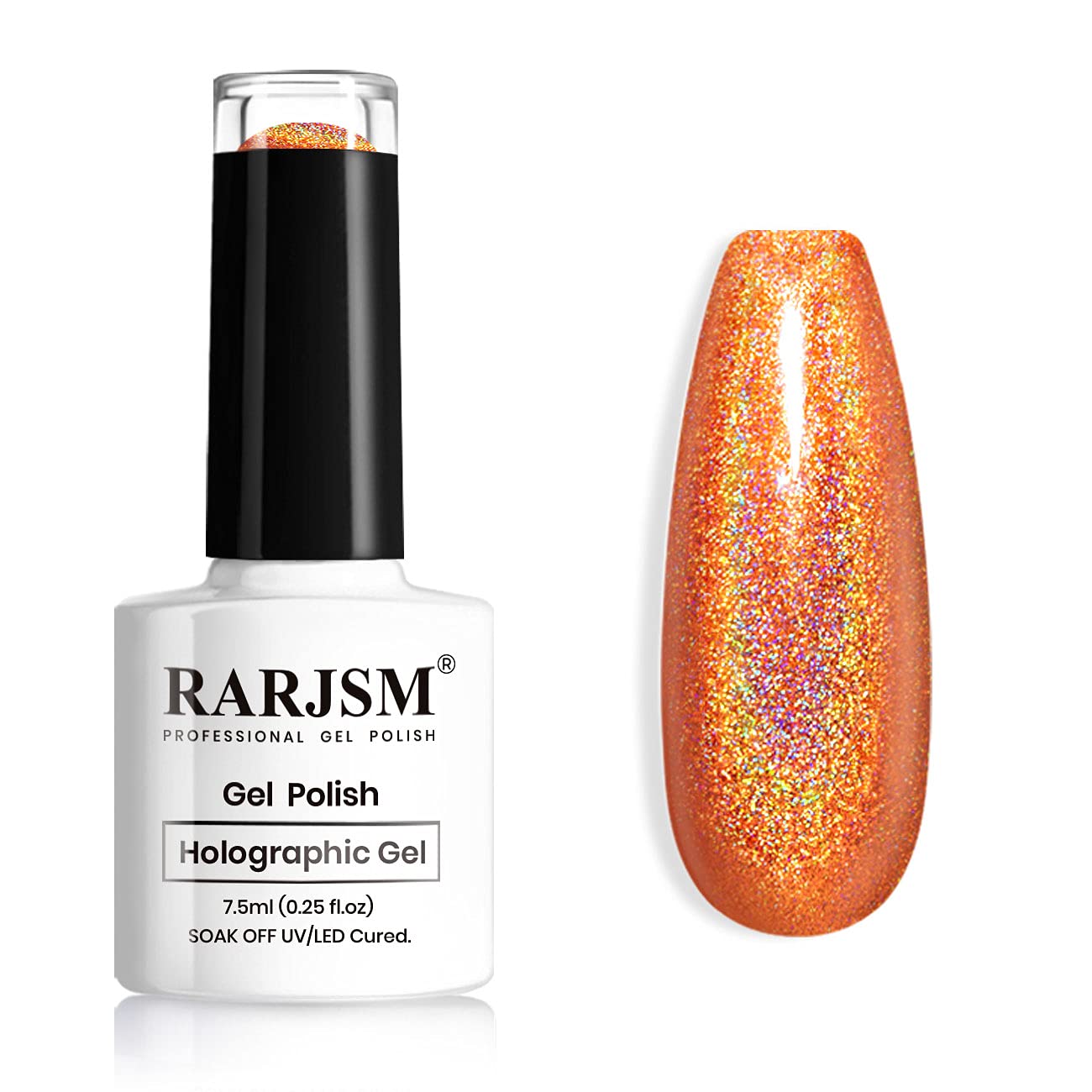 RARJSM bottle front view showing bright orange holographic polish for vibrant nails