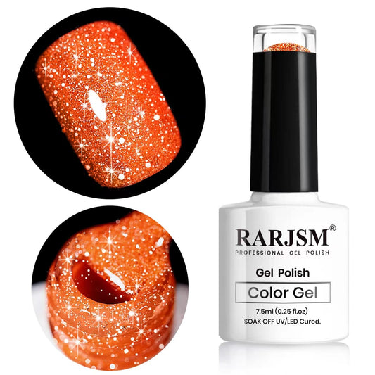 RARJSM bottle front view showing neon orange polish and clear labeling benefit long-lasting color