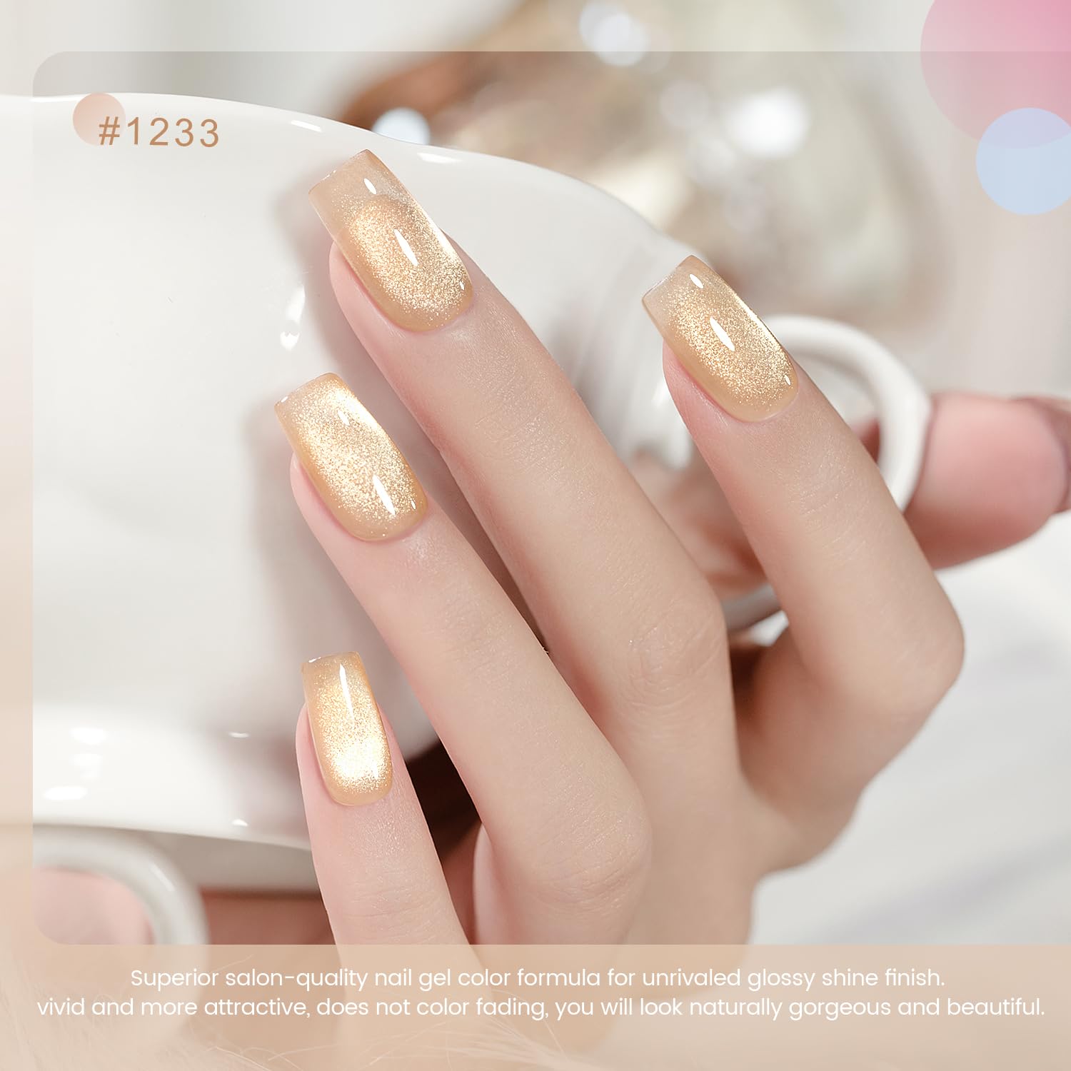RARJSM manicured hand in lifestyle setting showcasing glassy reflective cat eye nails