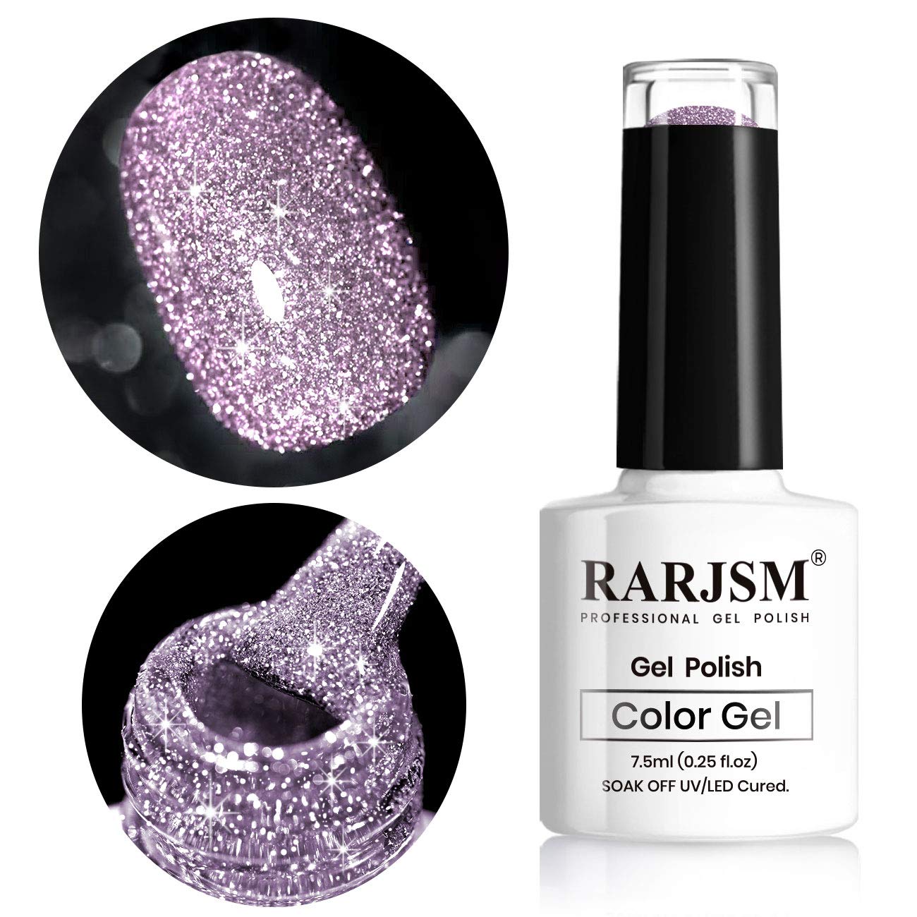 RARJSM bottle front view showing reflective glitter polish benefit long-wear