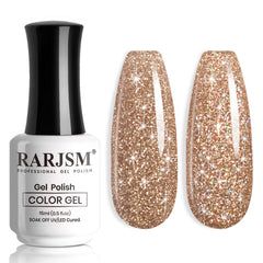 RARJSM front bottle view showing rose-gold glitter gel and clear label for easy identification