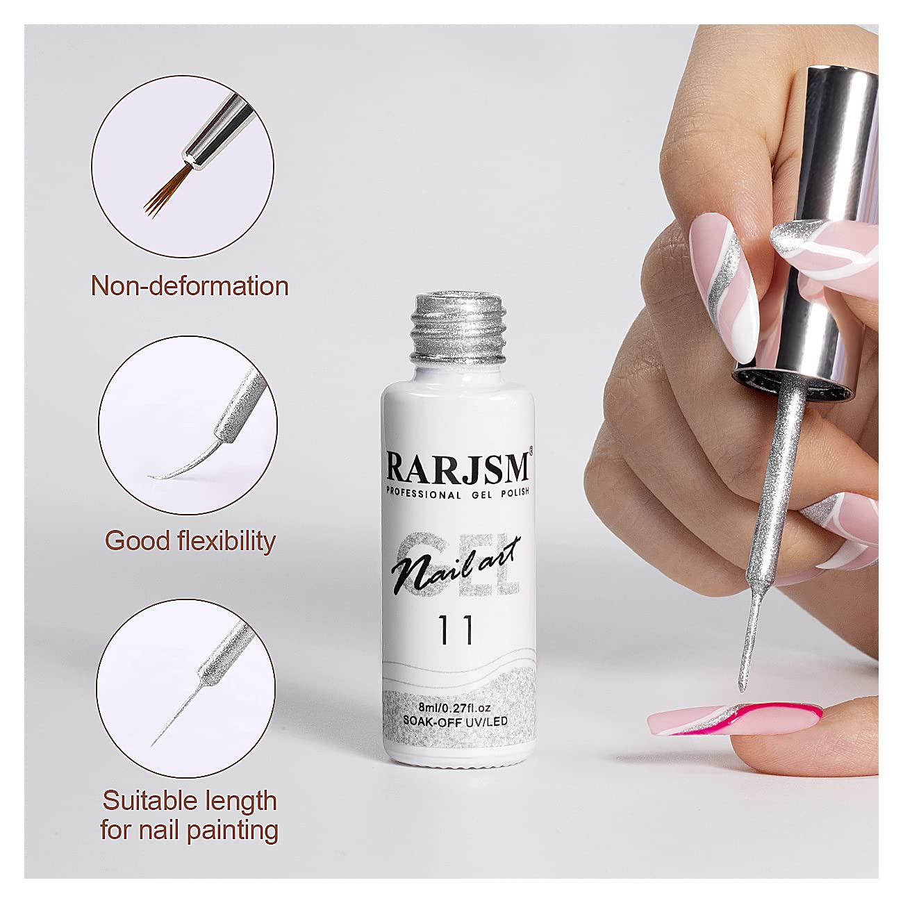 RARJSM bottle size comparison 8ml beside a fingertip showing compact travel-friendly gel liner capacity