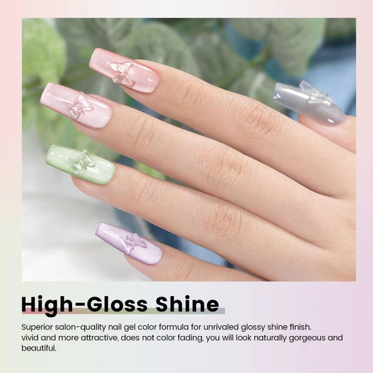 RARJSM six bottles arranged top-down showing ceramic glitter shades benefit: color range