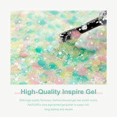 RARJSM swatch fan strips showing pink yellow green pastel glitter, helps color selection