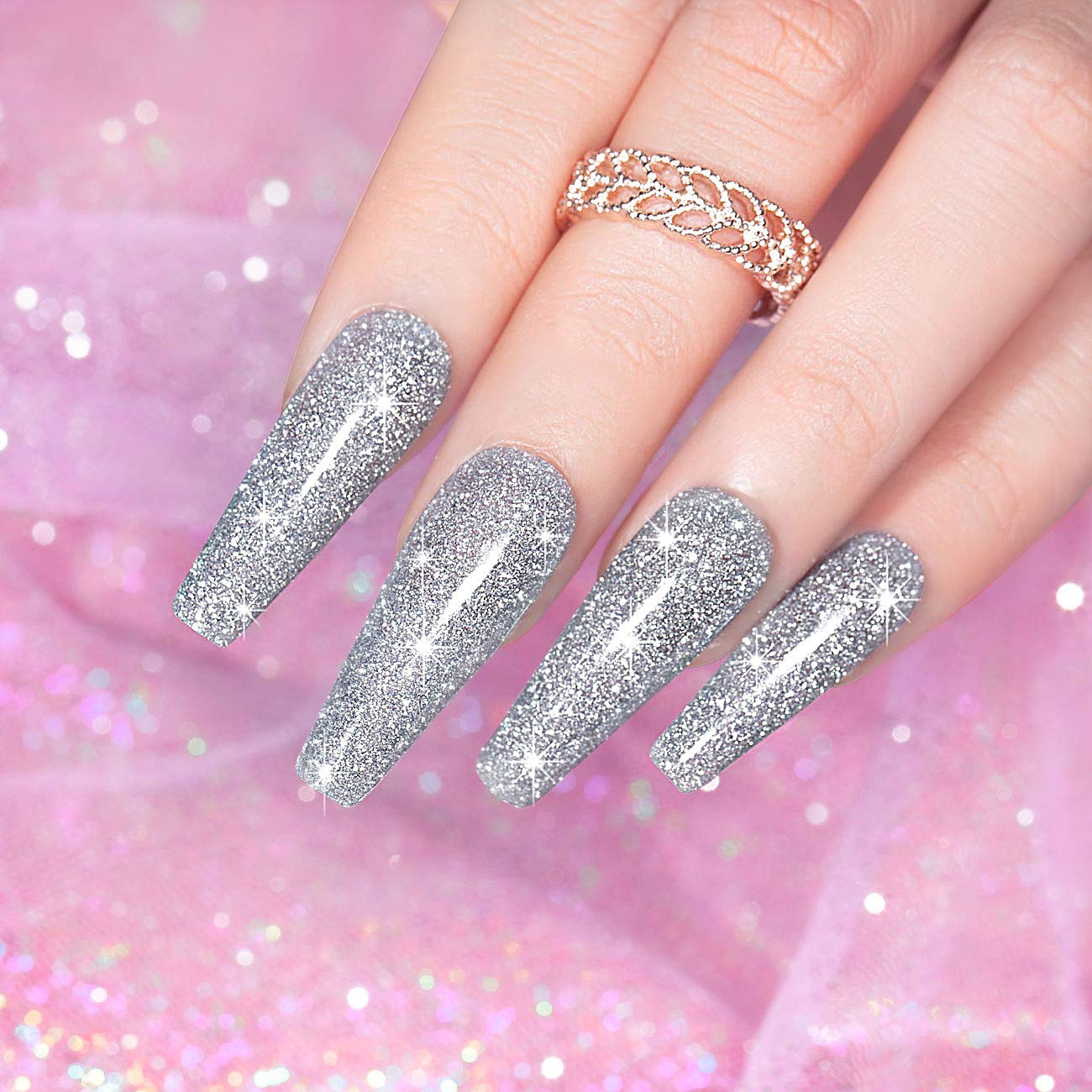 RARJSM swatch on fingers showing intense silver sparkle and salon finish