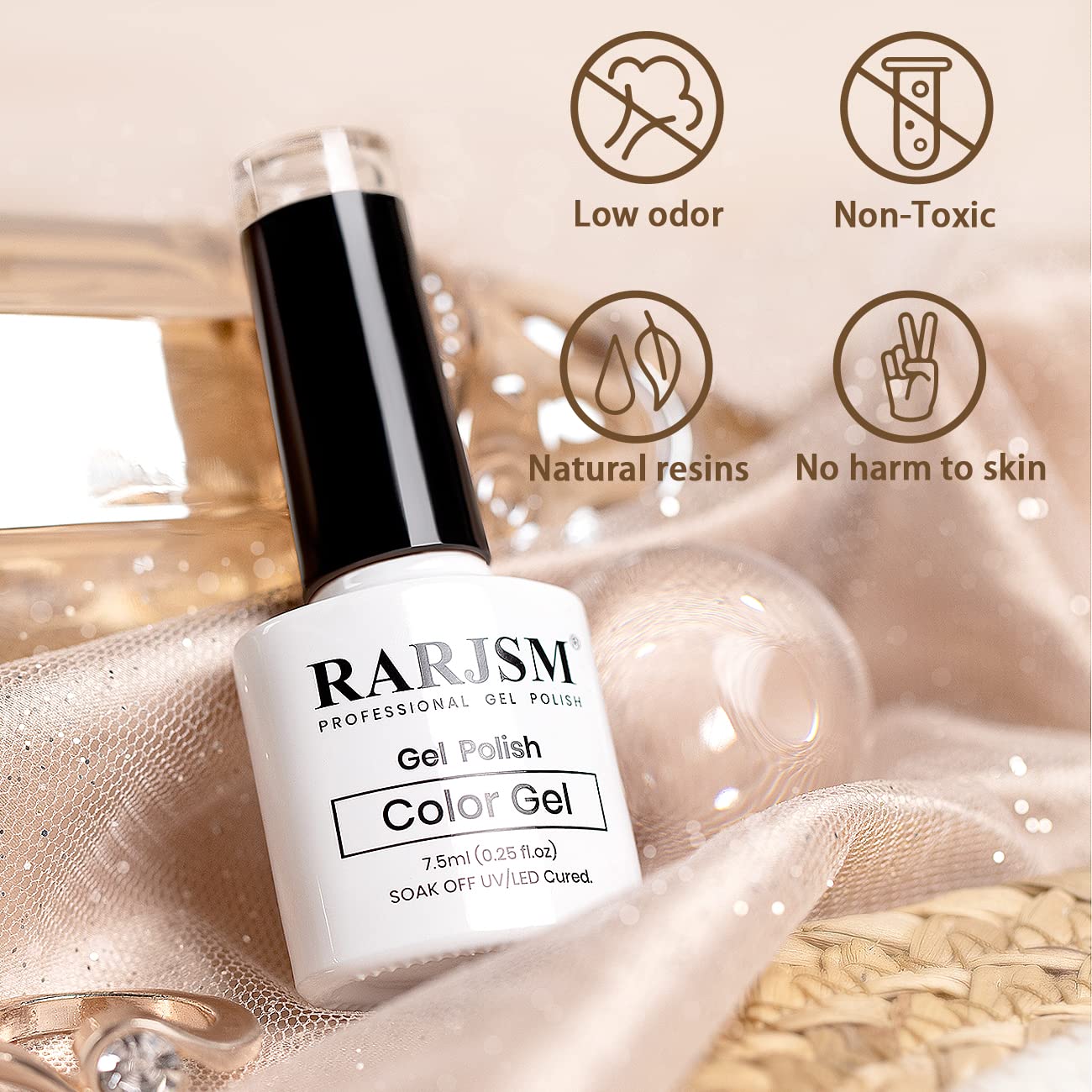 RARJSM swatch on fingertips showing nude-brown sparkle for everyday wear