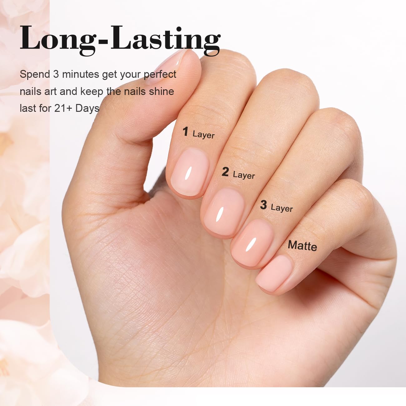 RARJSM color swatches on nail tips showing buildable nude-pink coverage