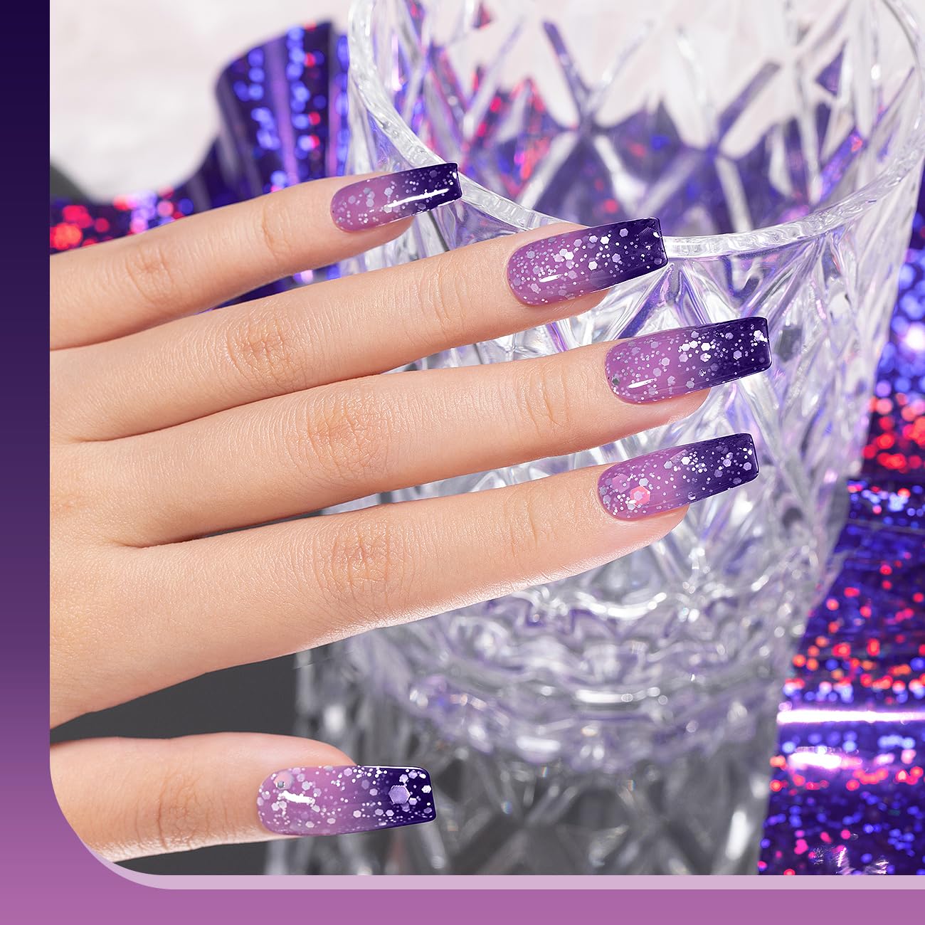 RARJSM temperature swatches showing deep purple to light pink-purple glitter shift, visual effect benefit