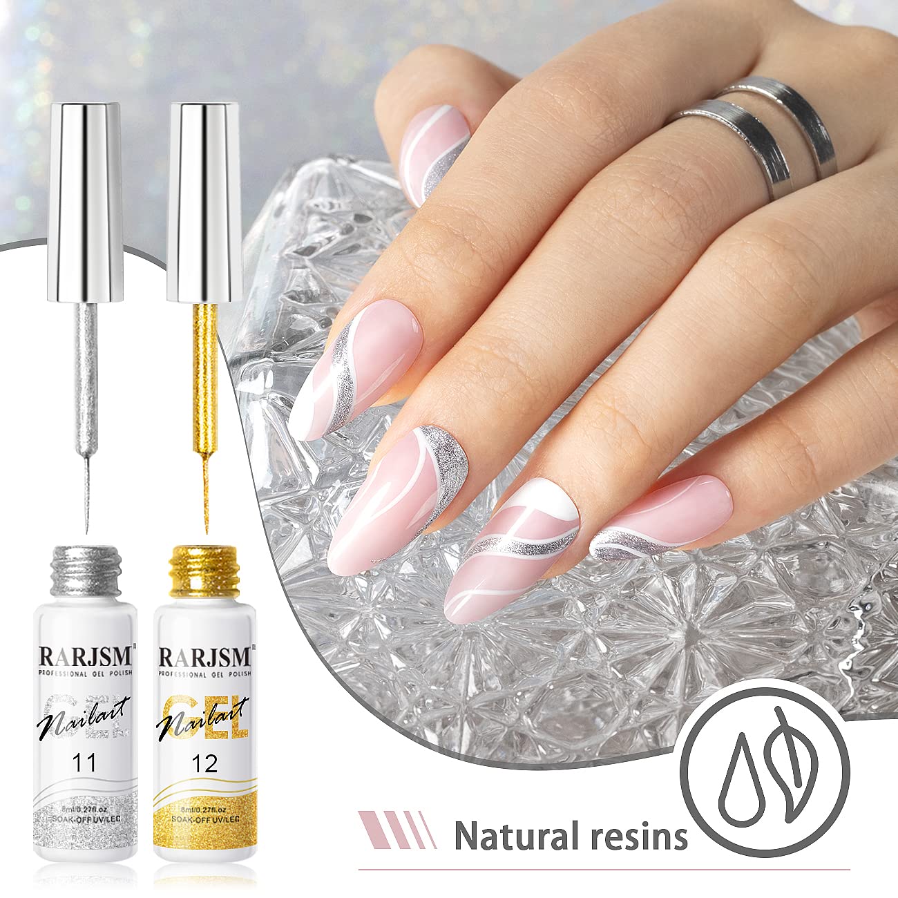 RARJSM silver glitter gel swatch on nail wheel highlighting sparkle and smooth coverage for accent designs