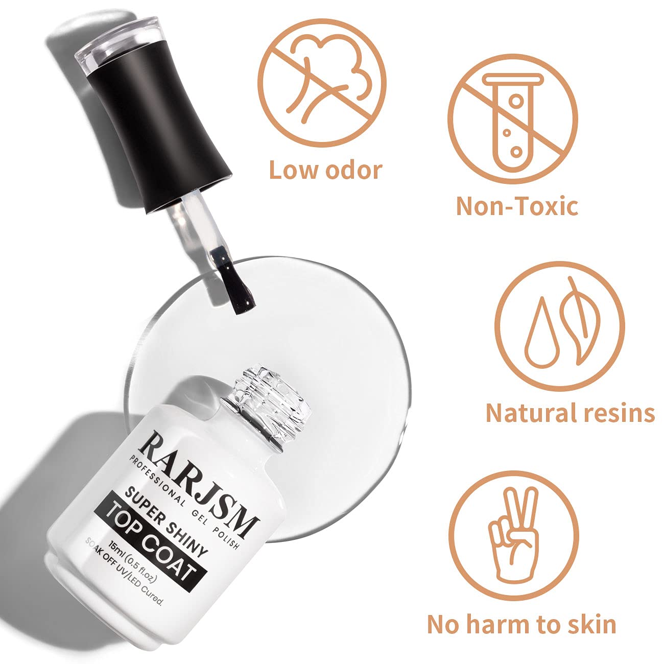 RARJSM shiny top coat bottle close-up highlighting glossy finish