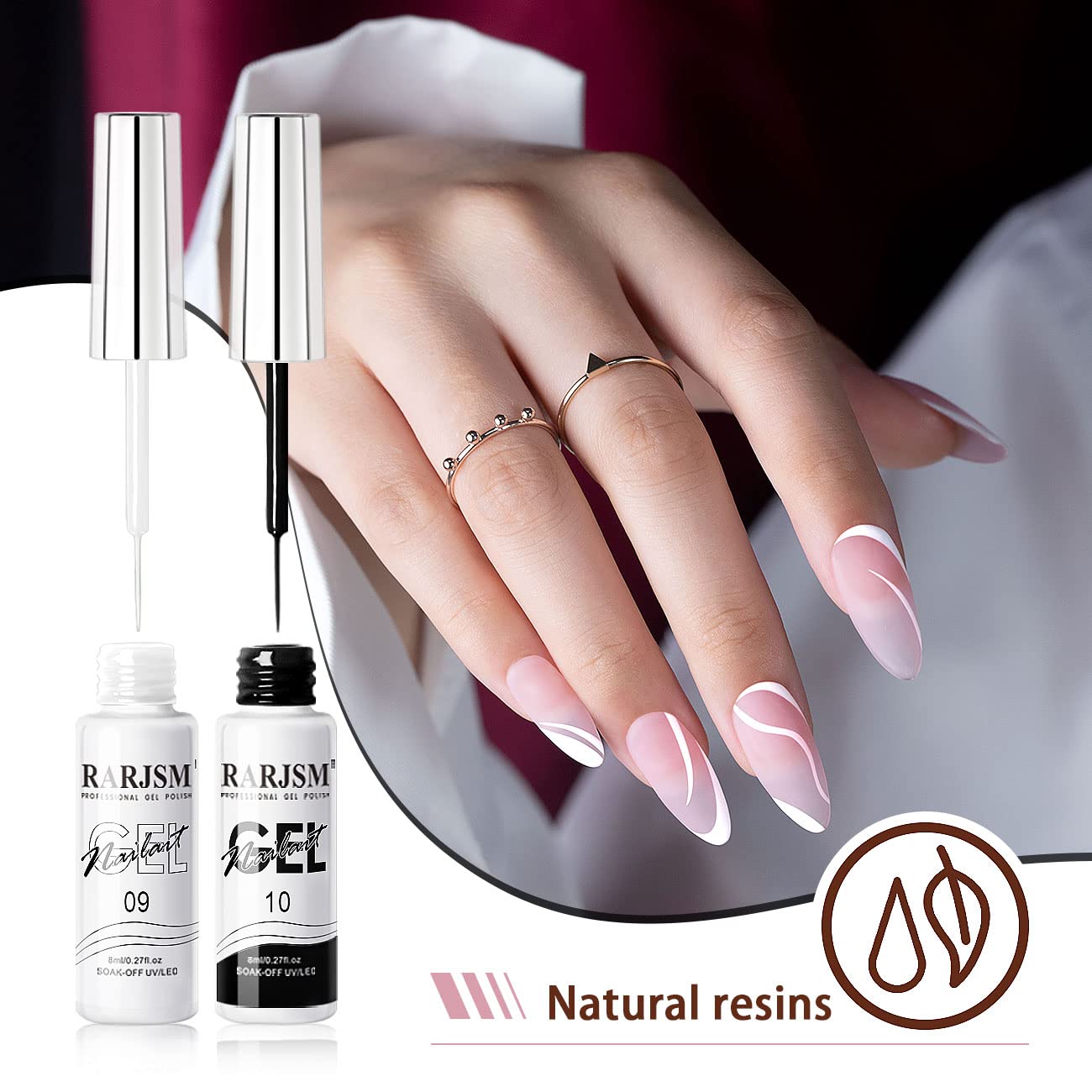 RARJSM white gel swatch on nail tip showing opaque finish and contrast