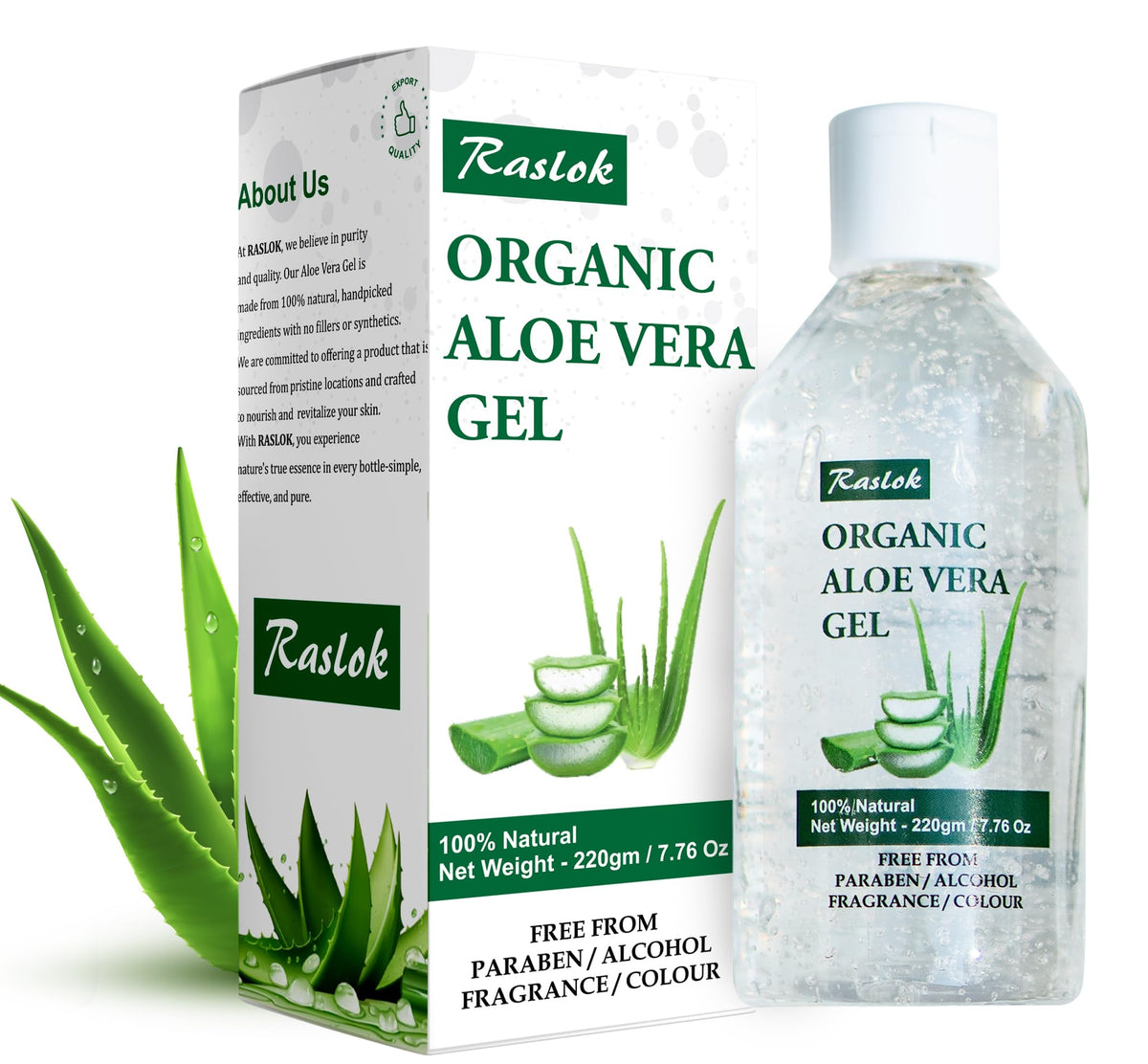 Raslok aloe vera gel jar front view showing clean natural packaging and hydration benefits
