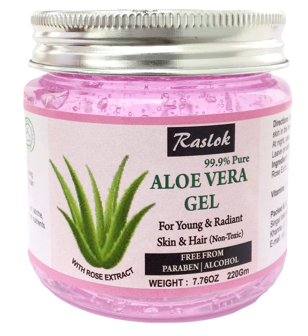Raslok front jar showing rose-scented aloe gel for lightweight hydration