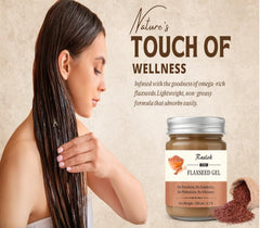Raslok gel on palm highlighting smooth flaxseed consistency and quick absorption benefit