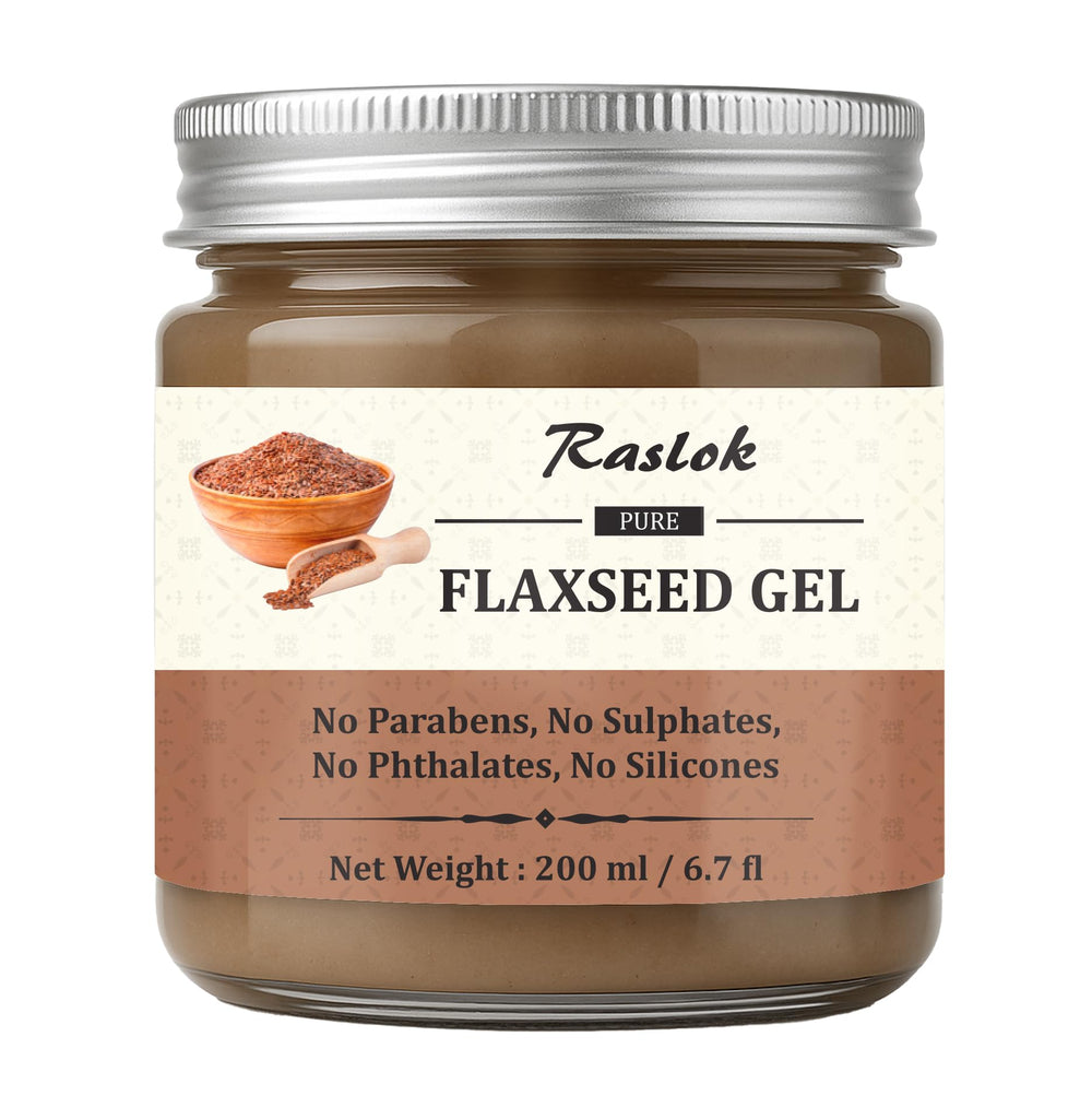 Raslok bottle beside flaxseeds highlighting natural ingredient and hydrating benefits