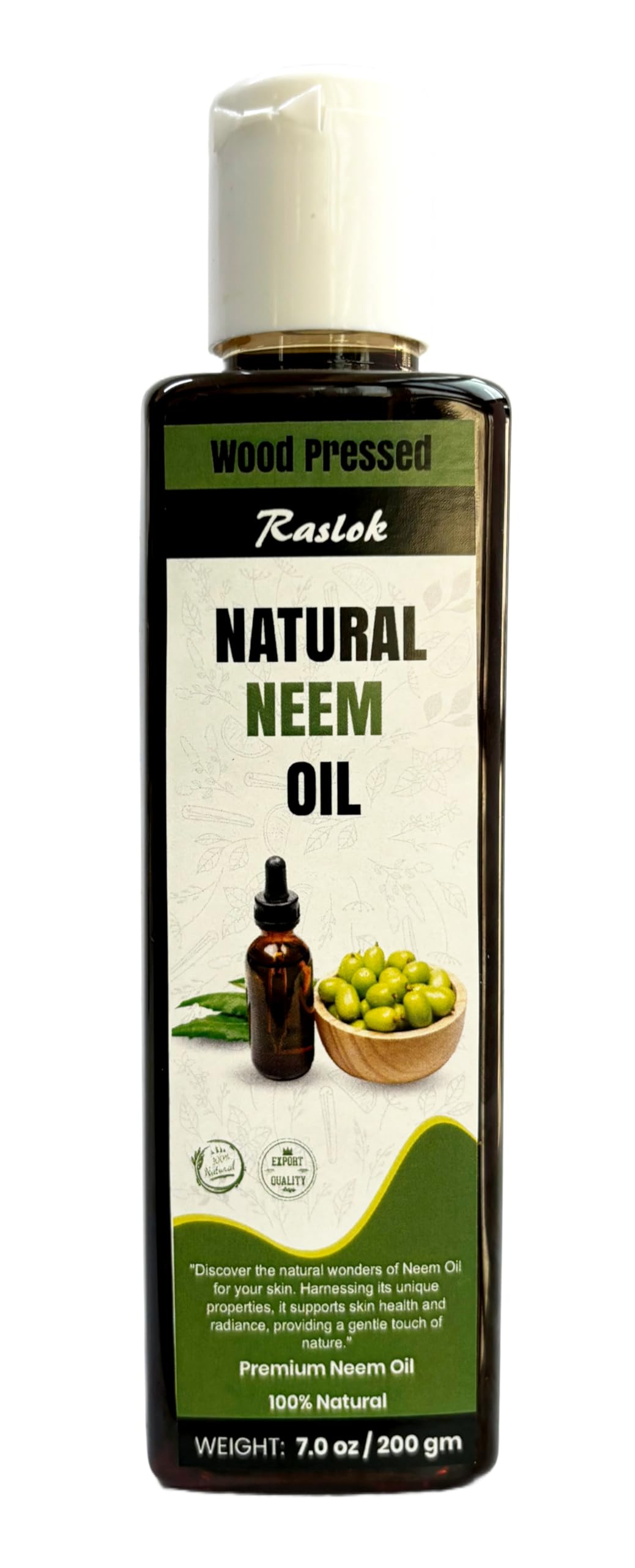 Raslok wood-pressed neem oil front bottle showing label and size benefit