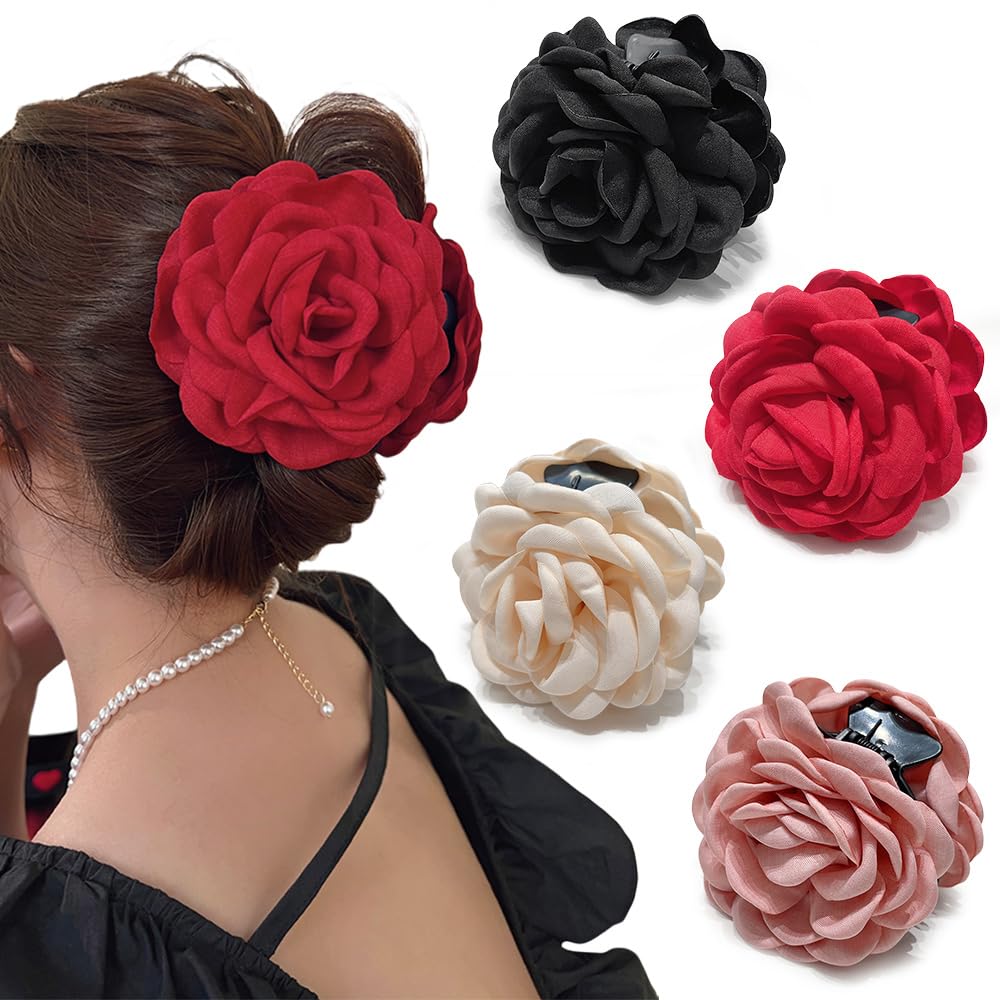 RAUIMOUR front view of four rose claw clips showing colors and packaging benefit