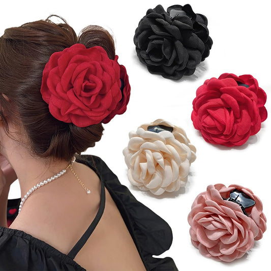 RAUIMOUR front view of four rose claw clips showing colors and packaging benefit