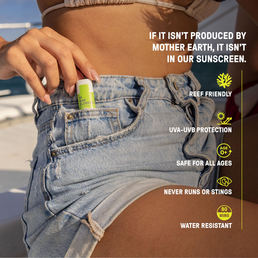 Raw Elements label and ingredients list visible to show reef‑safe, mineral composition