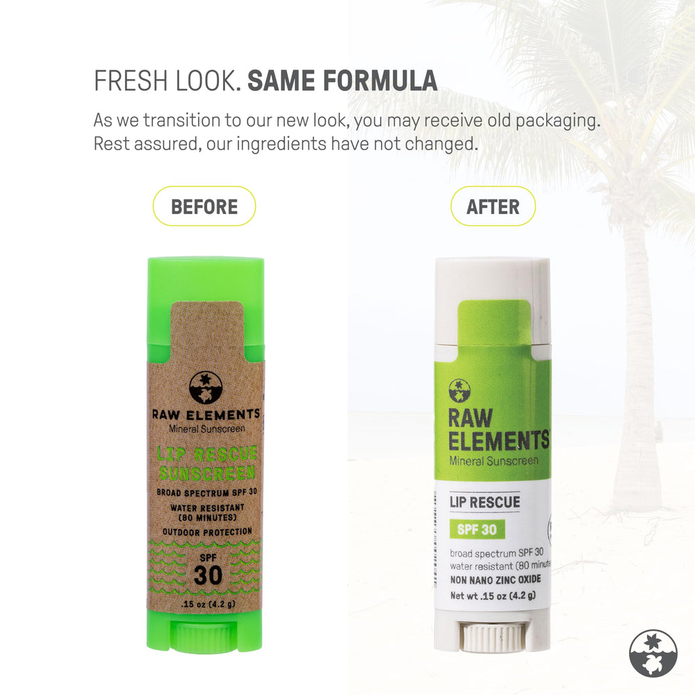 Raw Elements lip balm with exposed application tip ready for smooth, non‑stinging use