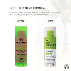 Raw Elements lip balm with exposed application tip ready for smooth, non‑stinging use