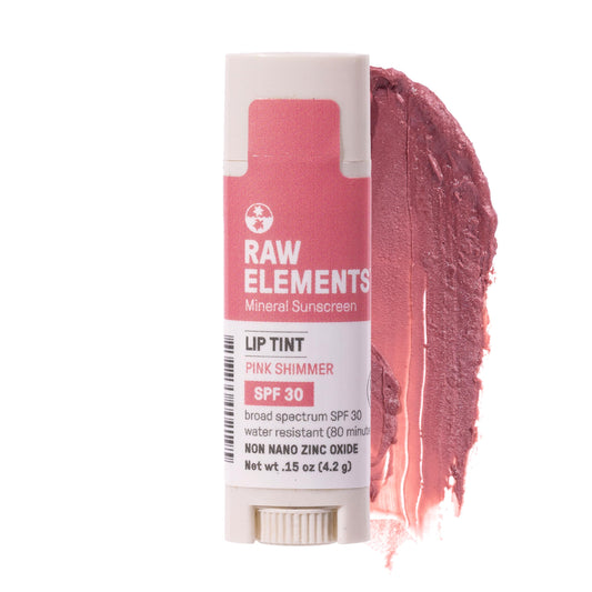 Raw Elements pink lip shimmer front tube showing compact size and SPF benefit