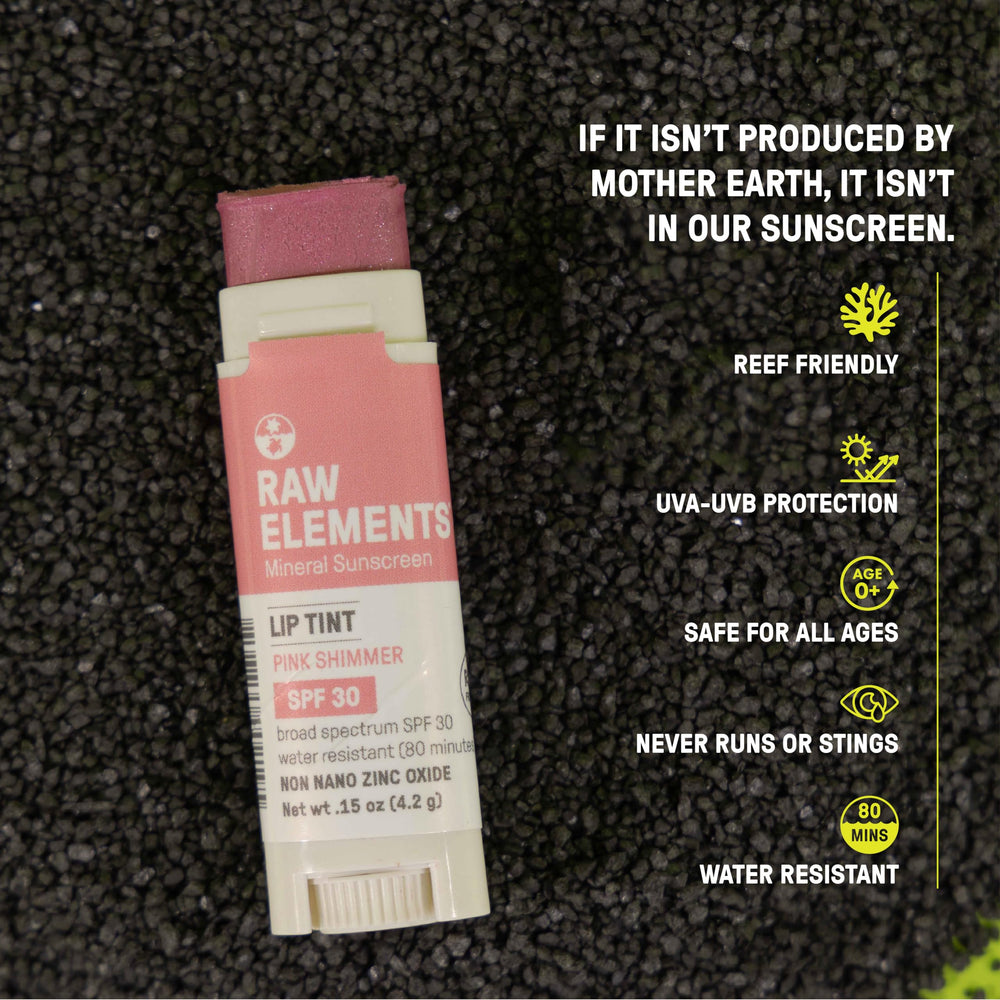 Raw Elements lip shimmer label detail showing organic ingredients and protection benefit
