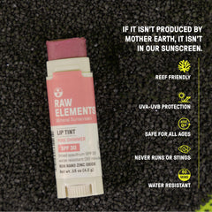 Raw Elements lip shimmer label detail showing organic ingredients and protection benefit