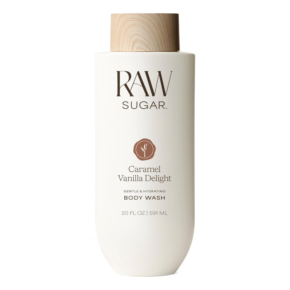 RAW SUGAR front bottle view showing caramel vanilla scent and 20 fl oz size