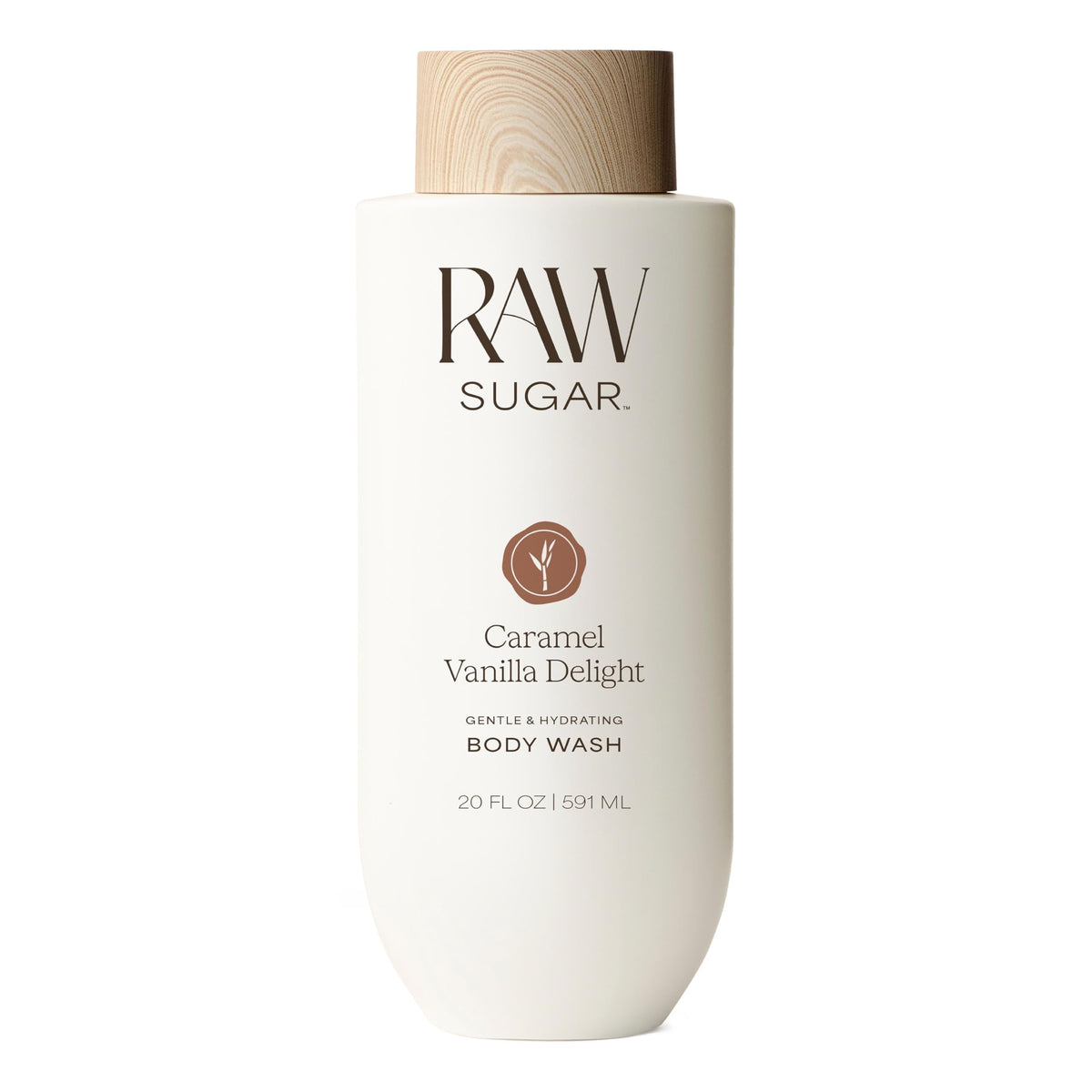 RAW SUGAR front bottle view showing caramel vanilla scent and 20 fl oz size