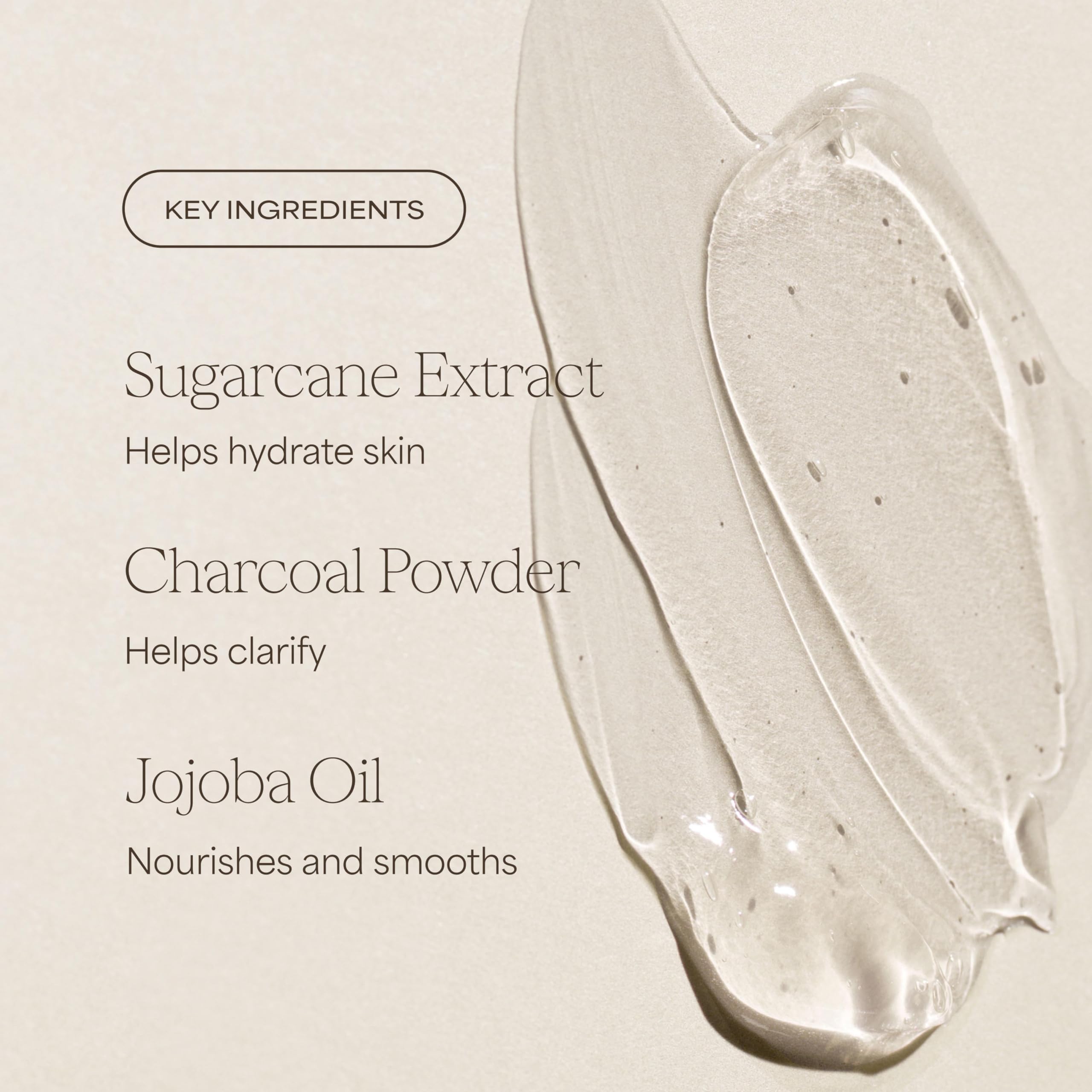 RAW SUGAR charcoal powder ingredient image showing purifying benefit and natural extraction