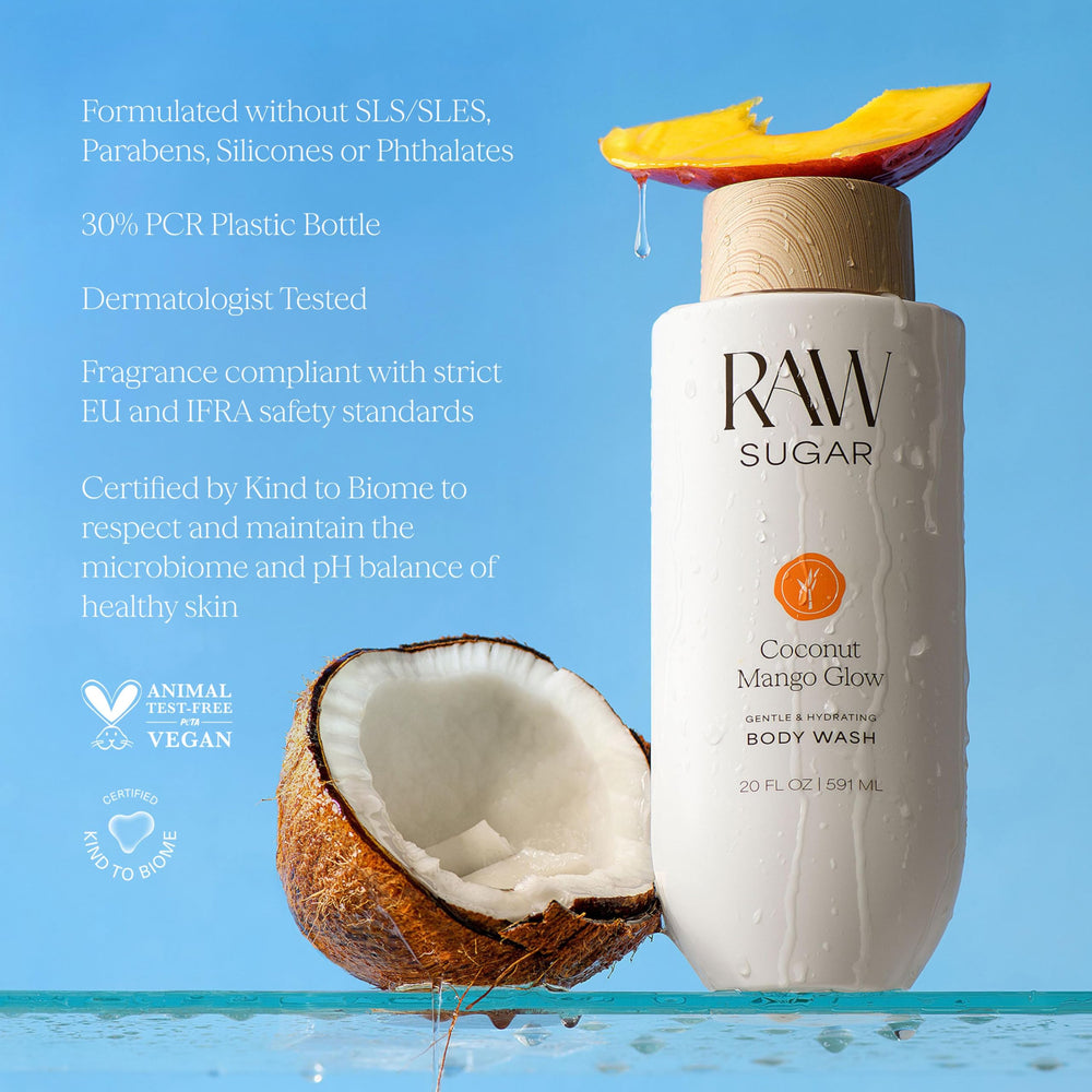 RAW SUGAR bottle on bath shelf evoking tropical shower experience