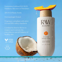 RAW SUGAR bottle on bath shelf evoking tropical shower experience