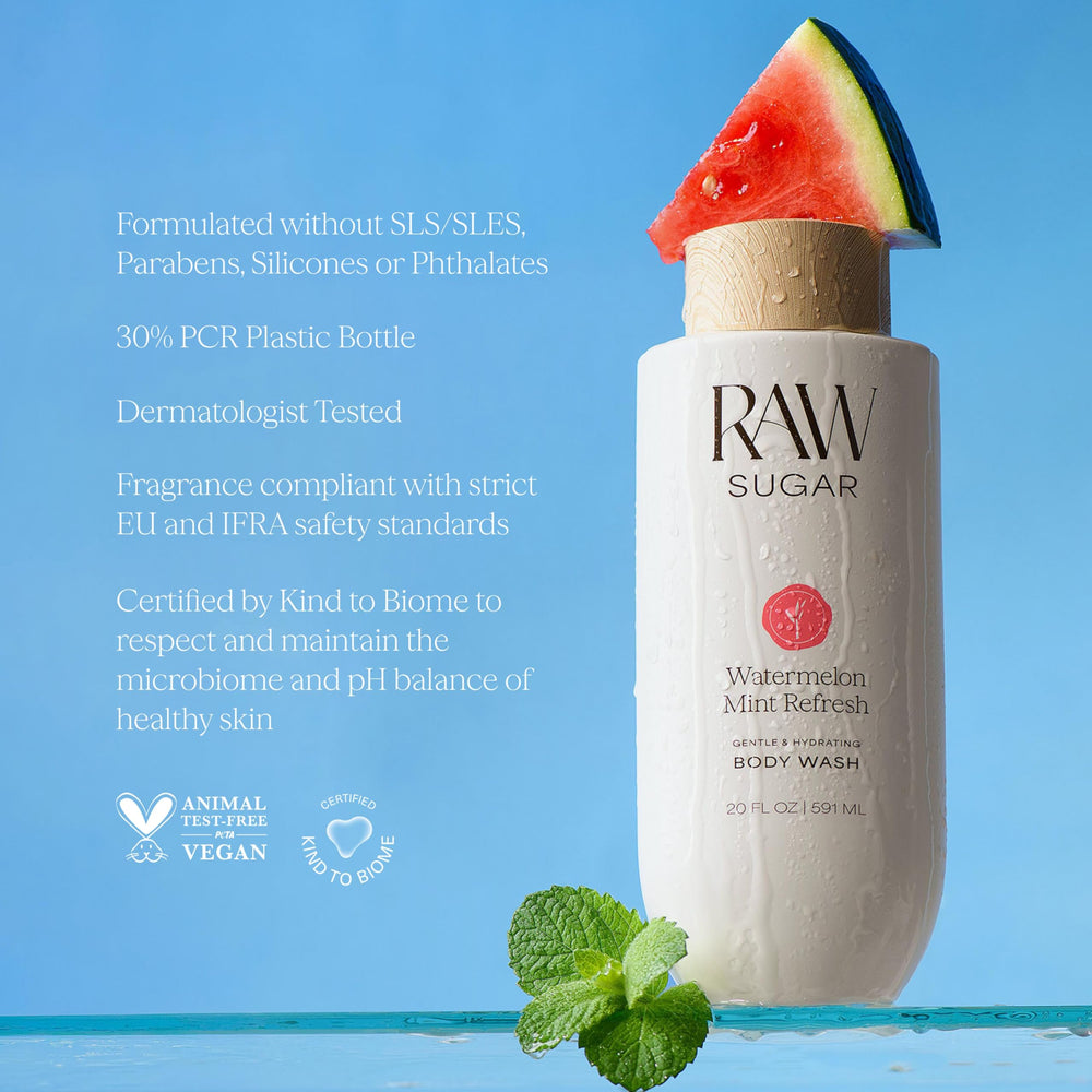 RAW SUGAR bottle with loofah suggesting gentle exfoliating routine