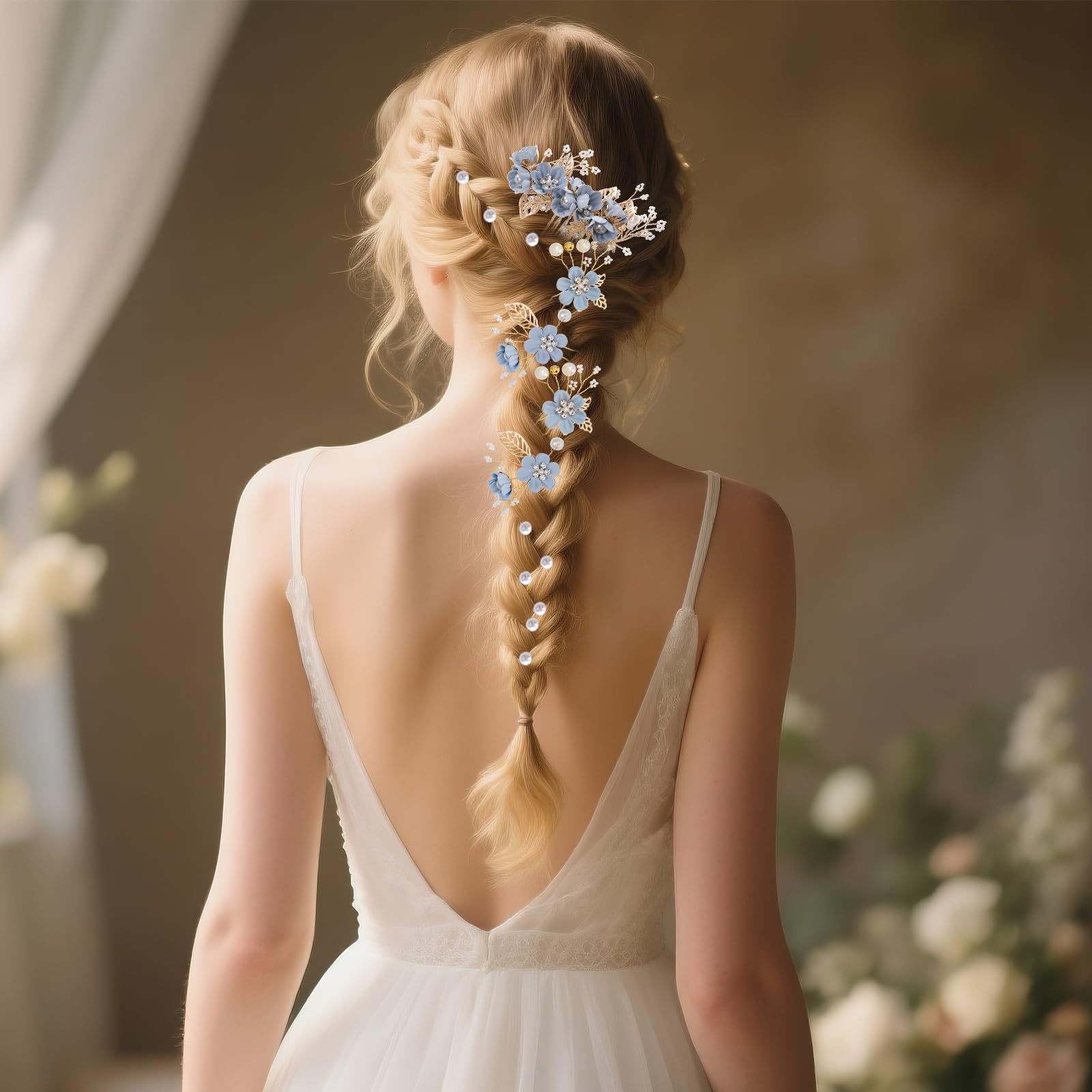 Rbenxia worn by bridesmaid in natural light demonstrating coordinated dusty blue accents