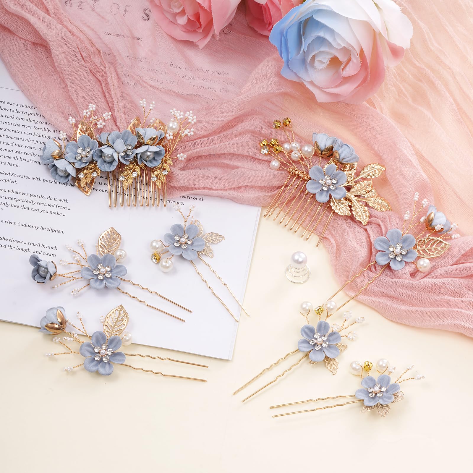 Rbenxia full 20-piece set laid out to show floral sidepieces, clips, and pins
