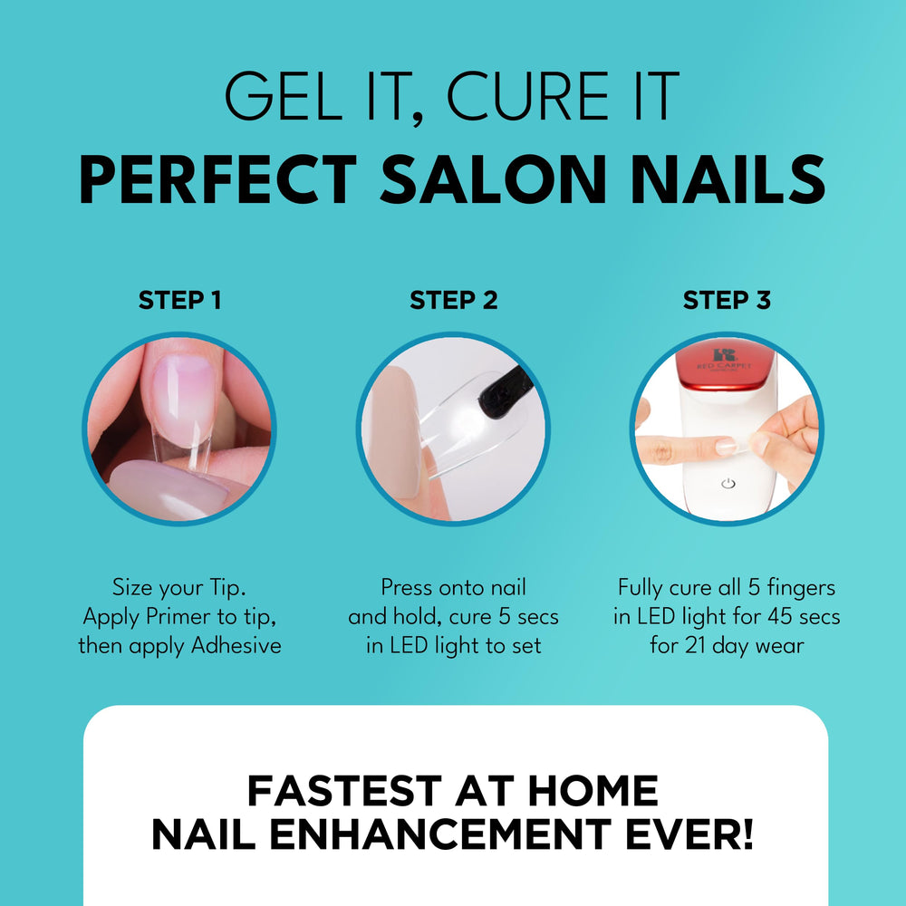 RC Red Carpet Manicure adhesive being applied to a soft gel tip demonstrating secure bond