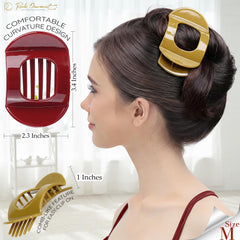 RC ROCHE clip holding a half-up bun, demonstrates no-slip flattering hold