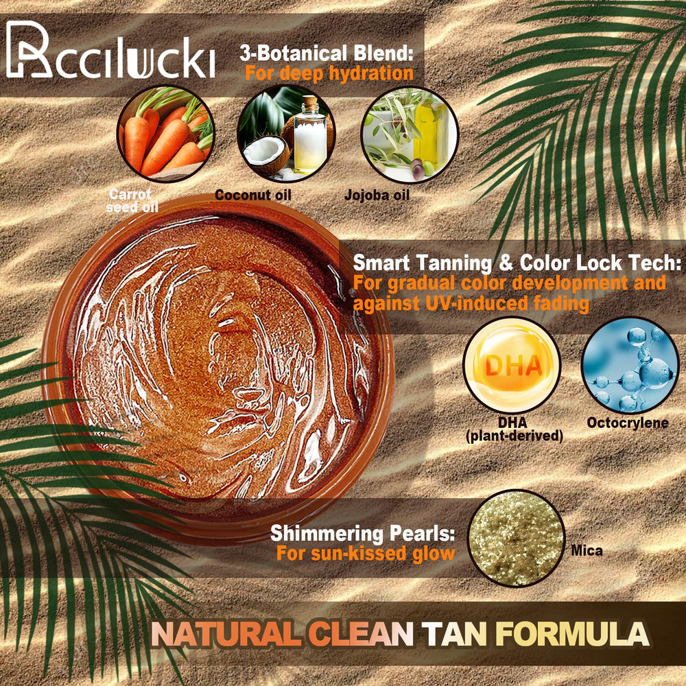 Rccilucki being applied to forearm demonstrating even coverage and enhanced tan look