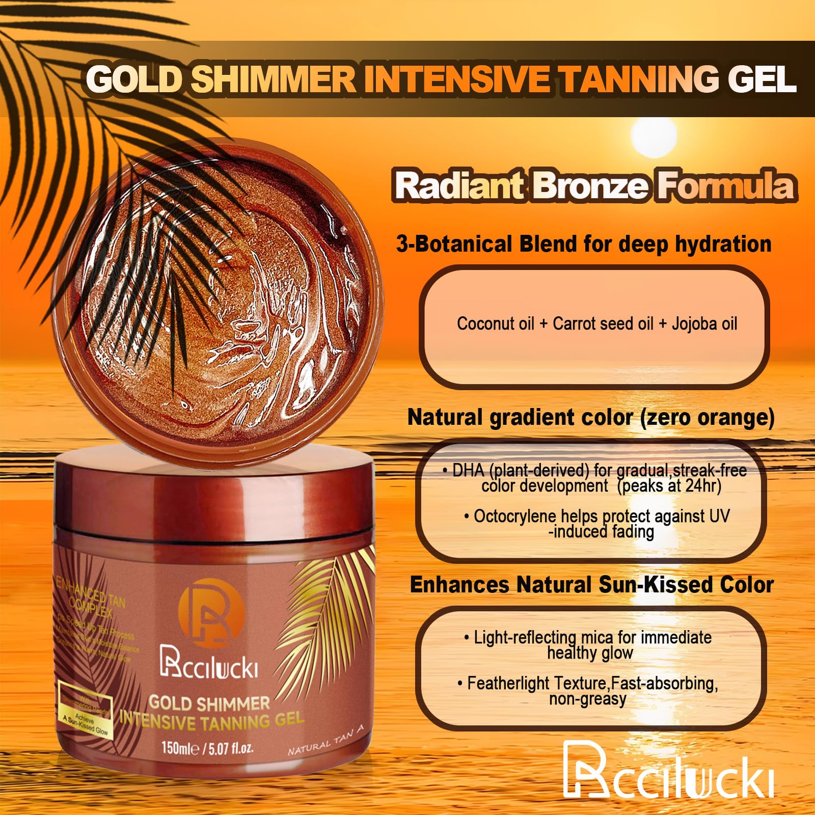 Rccilucki gel in a beach setting illustrating sun-use and radiant golden shimmer