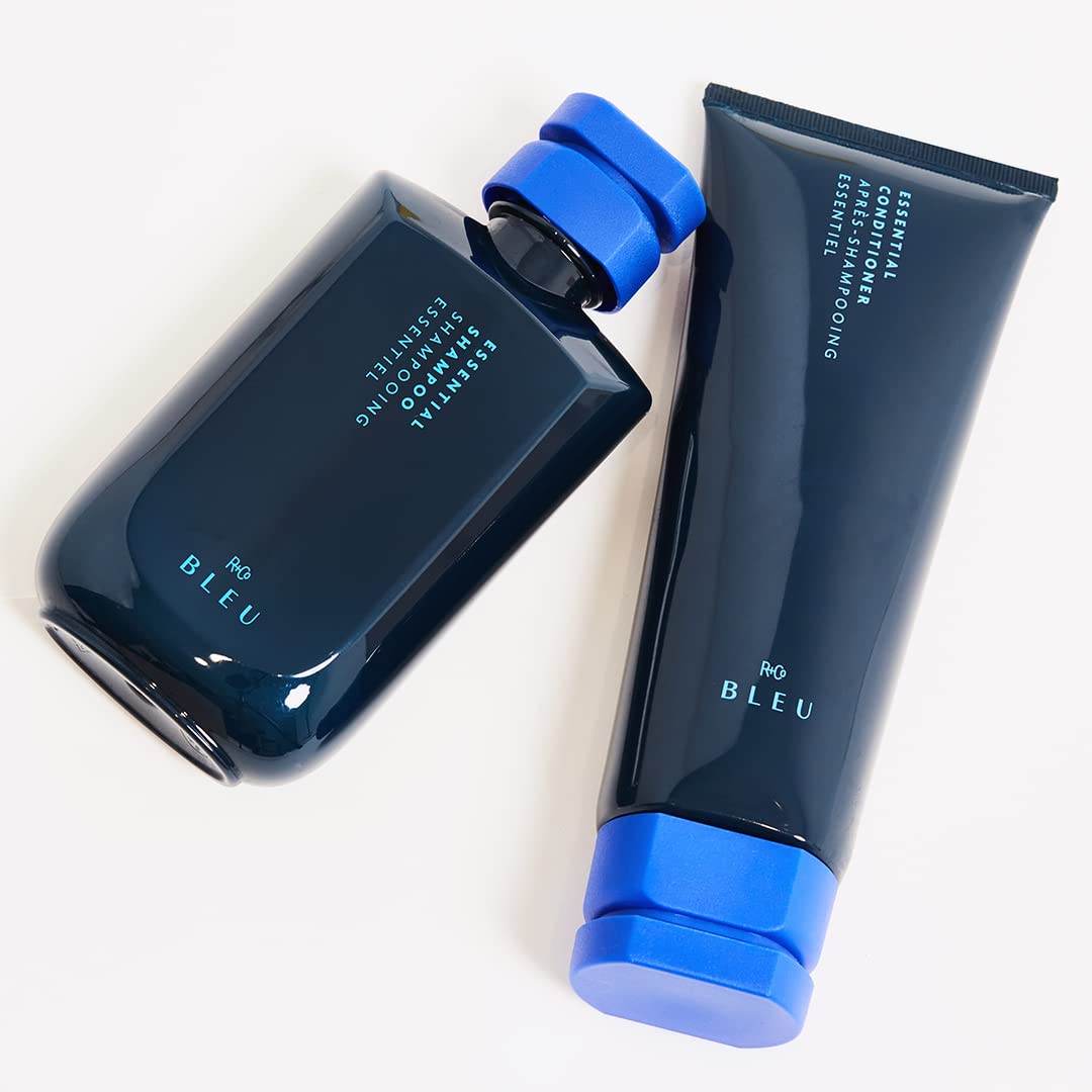 R+Co BLEU close-up label highlighting product name and benefits for informed choice