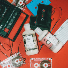 R+Co Cassette pump and label detail highlighting clean-beauty ingredients