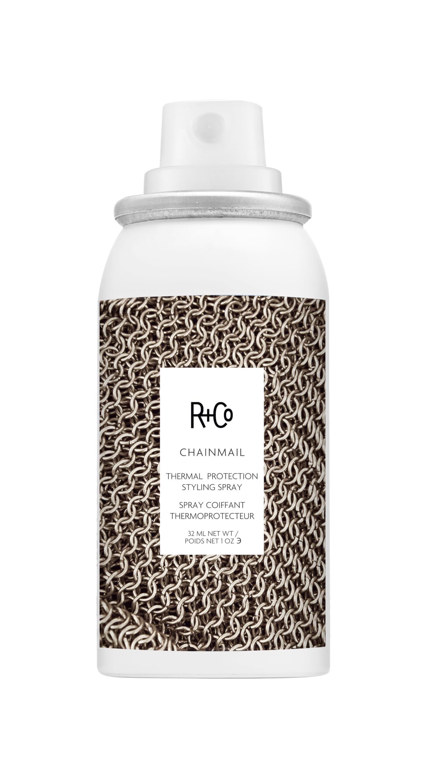 R+Co Chainmail front packaging shows bottle and benefits, lightweight protection