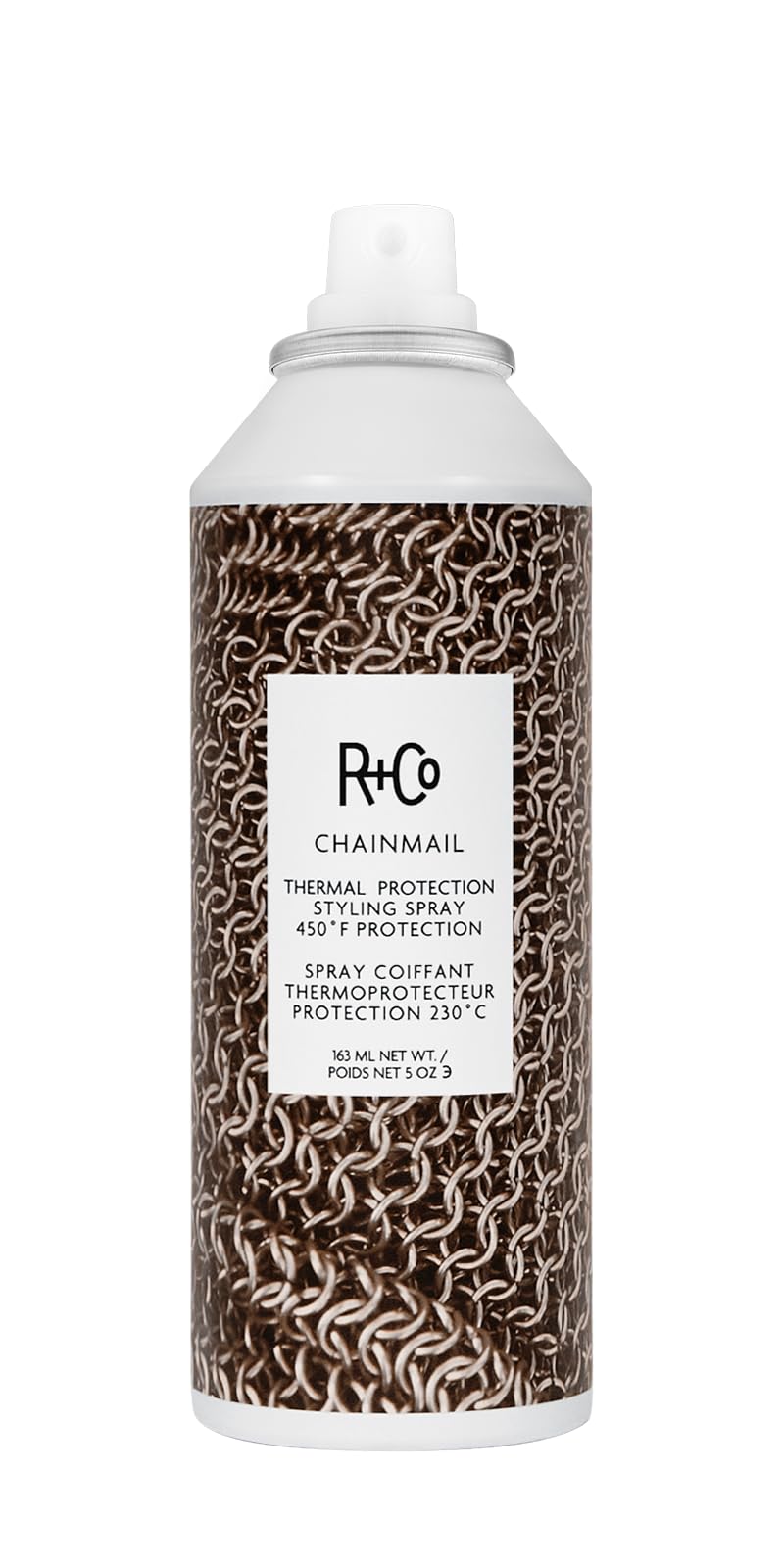 R+Co Chainmail front packaging showing bottle and label benefits