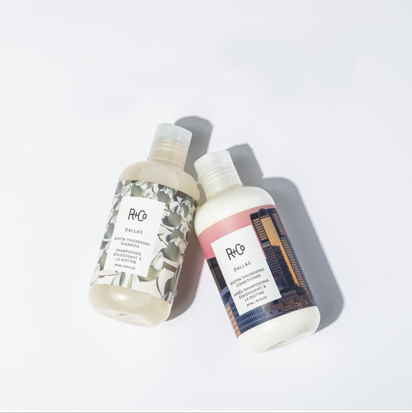R+Co Dallas conditioner results on hair after use showing increased volume and glossy finish