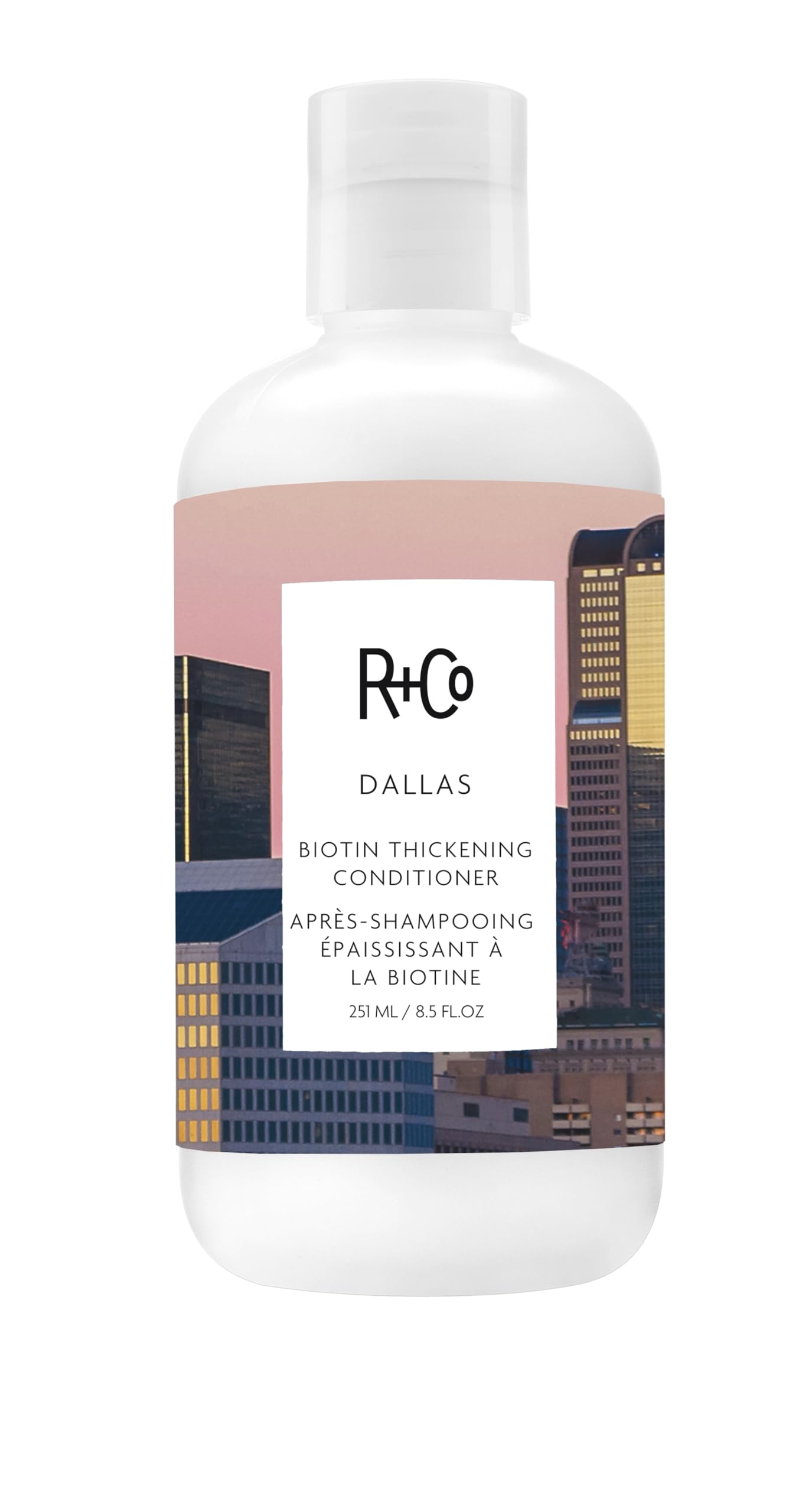R+Co Dallas conditioner front packaging showing label and size, highlights product identity and benefits