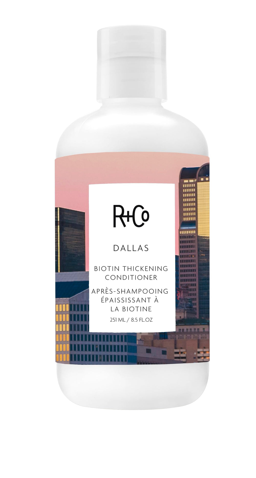R+Co Dallas conditioner front packaging showing label and size, highlights product identity and benefits
