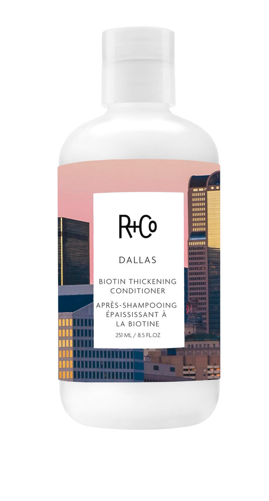 R+Co Dallas conditioner front packaging showing label and size, highlights product identity and benefits