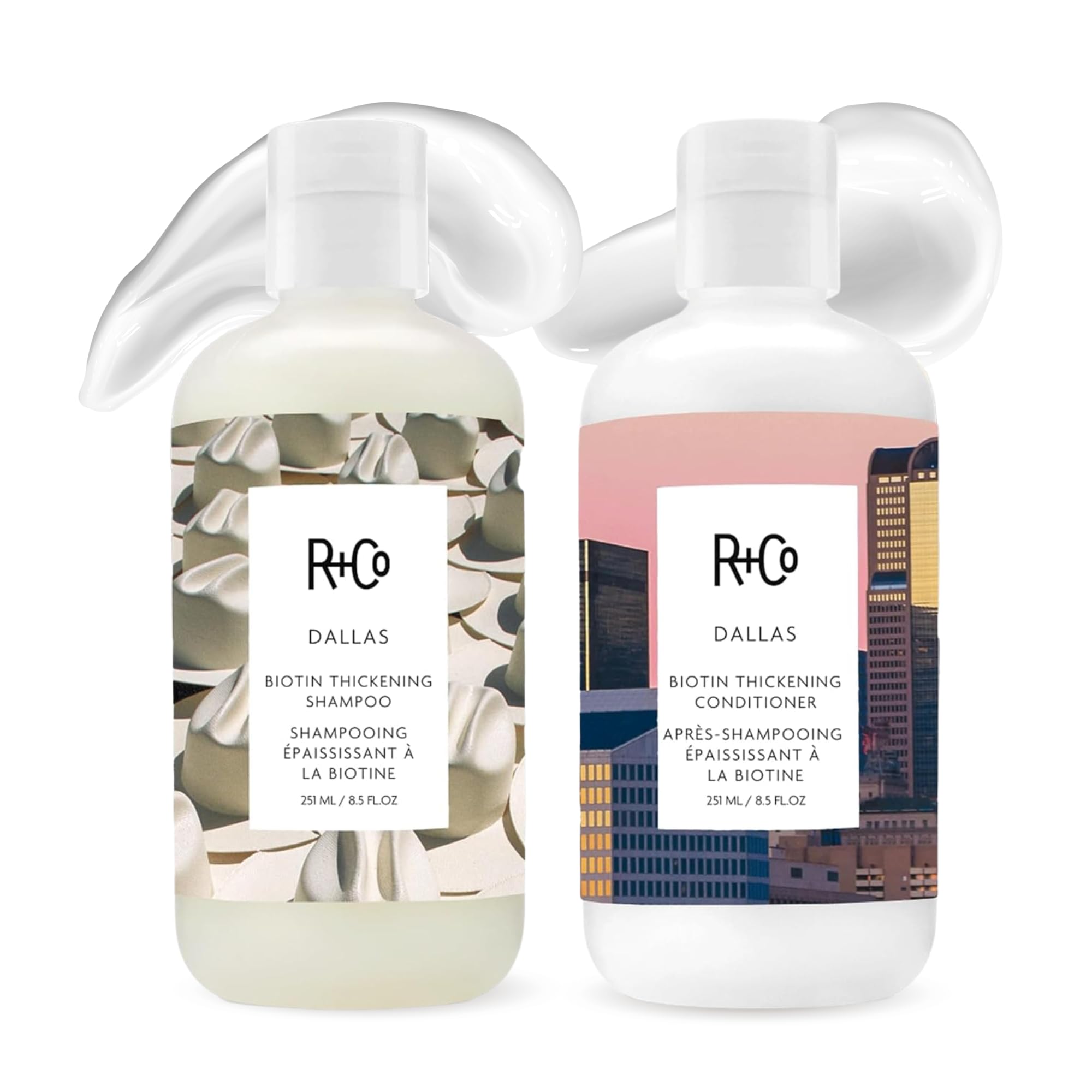 R+Co Dallas front packaging showing volumizing duo benefits