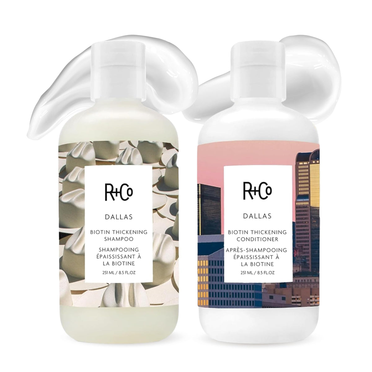 R+Co Dallas front packaging showing volumizing duo benefits
